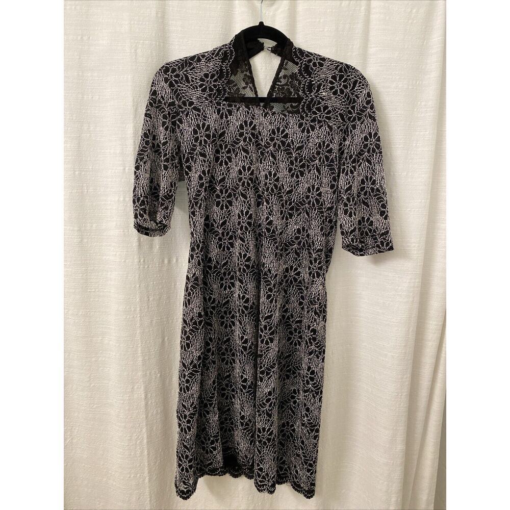 Black Silver Floral Dress 3/4 Sleeve Open Back Midi Medium